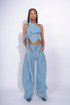 BLUE DENIM PATCH POCKET BOYFRIEND TROUSERS